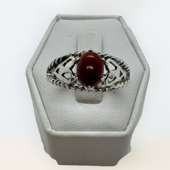 18K White Gold Plated Ring size 10 Brown Orange Stone Cut Out Sides - Picture 1 of 7
